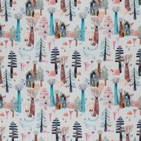 wit (off white) terracotta petrol zwart perzik wolf in het bos huisje boompje bosdiertjes digitaal poplin