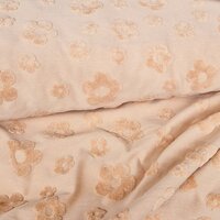 perzik badstoftricot met bloemen - KicKenStoffen