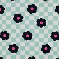 Poppy french terry blocks and big flowers mint blauw roze van KicKenStoffen