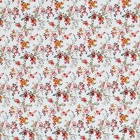 Katoenen stof met kleine bloemetjes in oranje, roze, groen en rood op off white. Oeko-Tex en mooi voor kleding en accessoires.