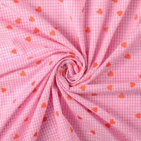 Seersucker ruitje met geborduurde rode hartjes roze