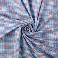 Seersucker ruitje met geborduurde rode hartjes blauw