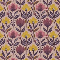 Swessie katoenen canvas Half Panama &ndash; Retro bloemen roze-oker 125847