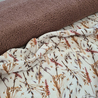wit (off white) camel groen bruin roze herfst droog bloemen digitaal fijne katoenen Baby RIB tricot met mauve baby teddy