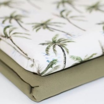  wit (off white) groen palmbomen - digitaal tricot met uni olijf tricot