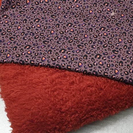 oldmauve luipaard tricot digitaal met terracotta fluffie teddy dubbelzijdig