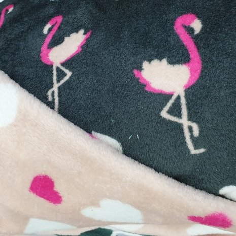 flamingo roze en hartje - donkergrijs knuffelfleece