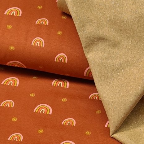 biologische french terry terracotta regenboog met oker camel glitter boordstof (2)