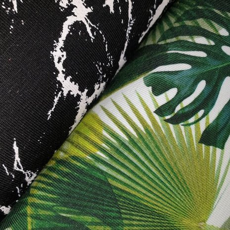 jungle monstera bladeren digitale tricot met zwart wit marmer