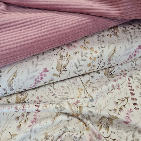 wit (off white) mauve groen oud roze natuur blaadjes en bloemen - digitaal met oud roze rib fluweel tricot