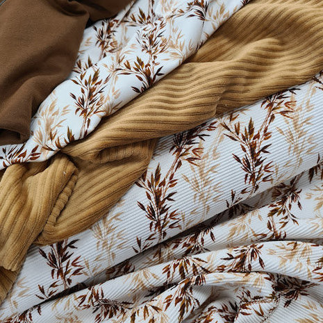 off white camel brown bamboo leaves digital cotton rib jersey fabric