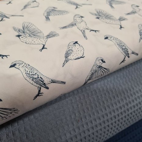 jeans licht wafel met vogels poplin