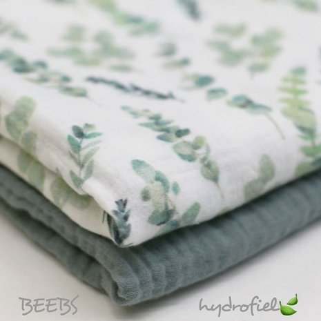 hydrofiel digitaal BEEBSstofjes eucalyptus blaadjes met zeegroen uni