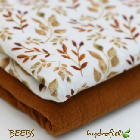 hydrofiel digitaal BEEBSstofjes bruin cognac terra blaadjes met uni cognac hydrofiel