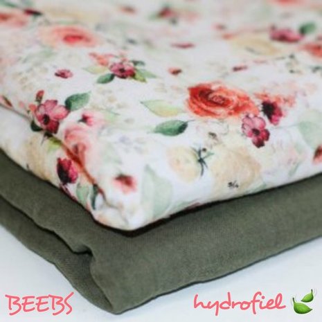 wit (off white) rood roze groen cognac rozen en bloemen digitaal hydrofiel met army uni hydrofiel