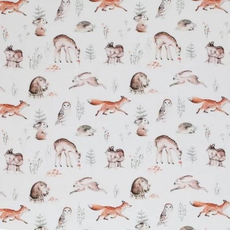 wit (off white) grijs terracotta bosdier vosjes uil hert konijn egel digitaal poplin