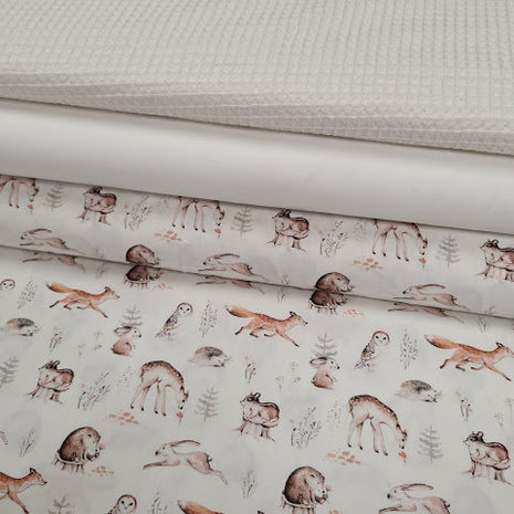 off white grey terracotta woodland animals forest friends digital poplin