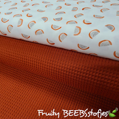 wit (off white) oranje, rood, grijs Fruity meloen - digitaal poplin katoen