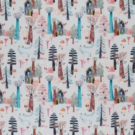 wit (off white) terracotta petrol zwart perzik wolf in het bos huisje boompje bosdiertjes digitaal poplin