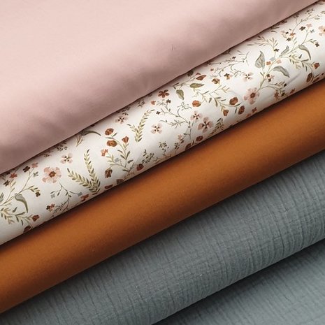 1000 bloemetjes poplin met uni nude pink, cognac en zeegroen hydrofiel