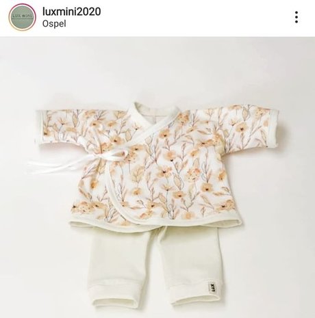 prematuur setje perzik bloemen offwhite uni tricot en off white biasband BEEBSstofjes