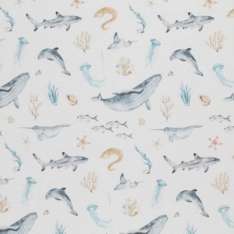 wit (off white) grijs camel blauw zeeleven (walvissen) - digitaal tricot