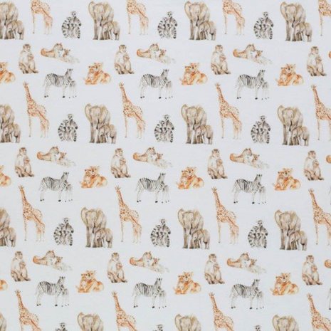 wit (off white) camel grijs cognac beige JUNGLE dieren panter olifant aap giraf zebra  - digitaal tricot