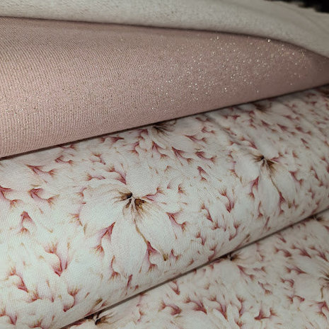 wit (off white) roze bruin dromerige bloem - digitaal tricot  met glitter french terry roze
