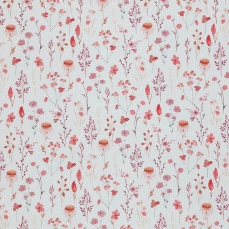 wit (off white) oud roze, mauve, koraal, rood lente bloemen - digitaal fijne katoenen Baby rib tricot SOFT