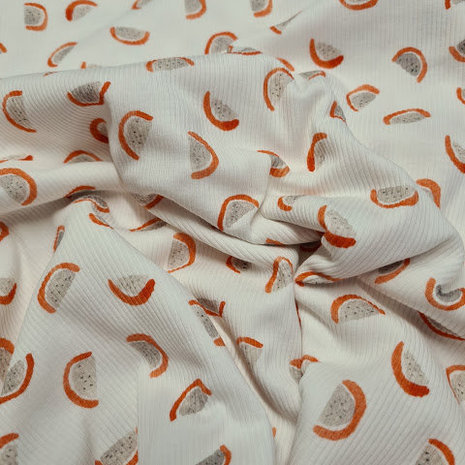 wit (off white) oranje, peach, grijs Fruity meloen - digitaal fijne katoenen Baby rib tricot SOFT