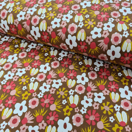 bruin roze (nude) oker rood wit bloemen - tricot