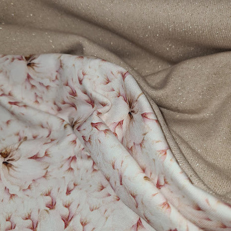 wit (off white) roze bruin dromerige bloem - digitaal tricot  met glitter french terry kiezel