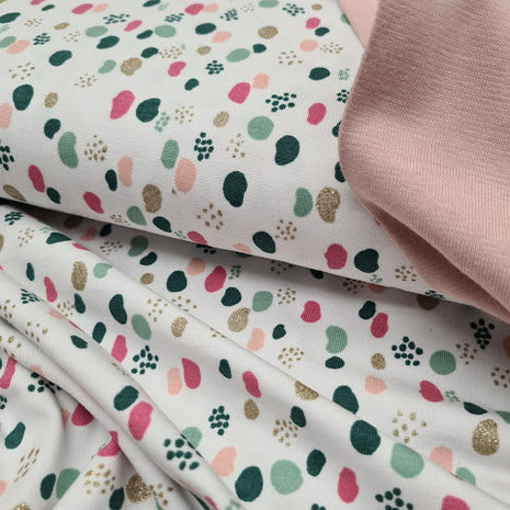 dots tricot met goud glitter en boordstof nude pink