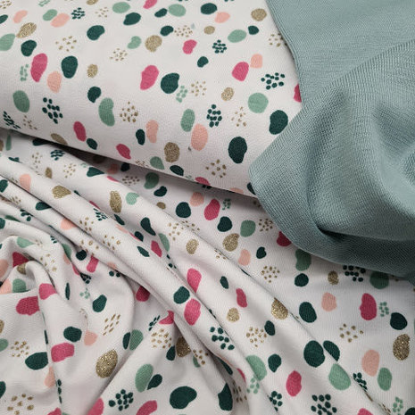 dots tricot met goud glitter en boordstof vintage mint groen boord