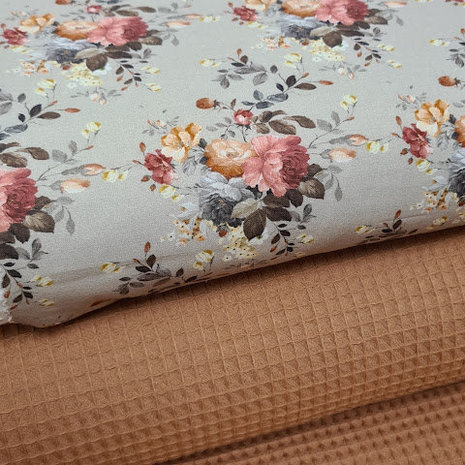 beige perzik blauw groen wit roze-terracotta bloemen udi digitaal katoen (op=op)