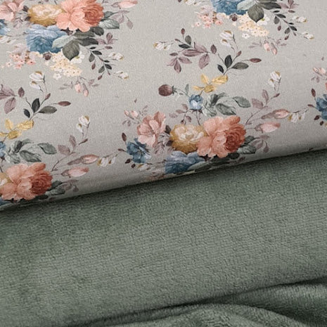 vintage oud olijf groen perzik blauw wit roze-terracotta bloemen udi digitaal katoen (op=op)