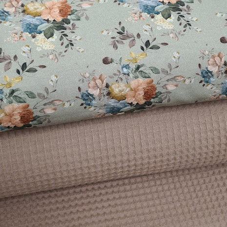 vintage oud olijf groen perzik blauw wit roze-terracotta bloemen udi digitaal katoen (op=op)