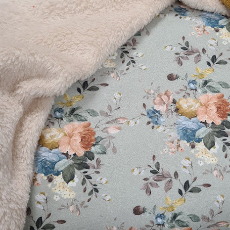 vintage oud olijf groen perzik blauw wit roze-terracotta bloemen udi digitaal katoen (op=op)