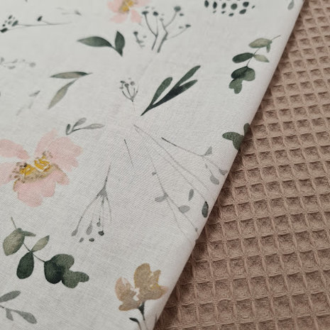 wit groen beige roze - eucalyptus takjes en bloemen digitale katoen @SWESSIEdesign met beige taupe wafelkatoen