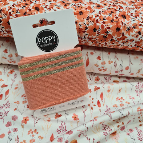 wit (off white) cognac, perzik, rood filler bloemen en lente bloemen - digitaal tricot met bijpassend cuf boordstofje