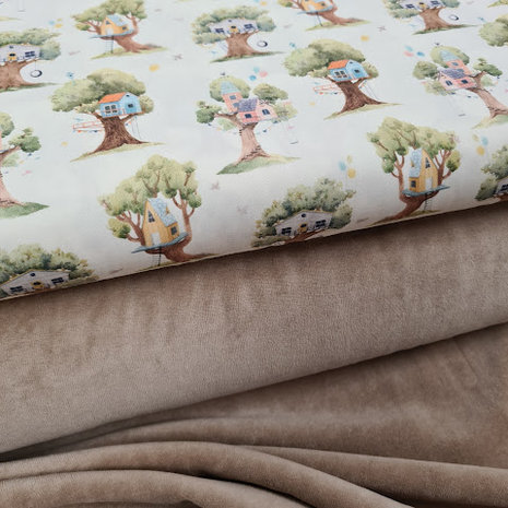 boomhuis boomhut digitaal poplin @beebs met beige taupe katoenen velvet