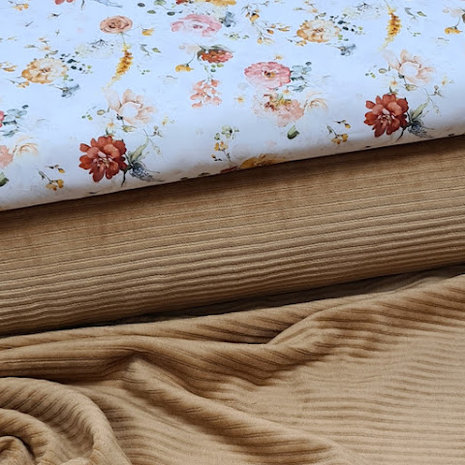 digitale poplin botanische tuin @kickenstoffen met camel brede rib triot