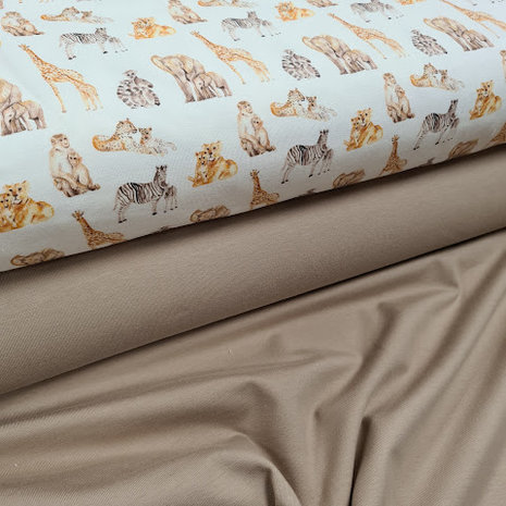 JUNGLE dieren panter olifant aap giraf zebra  - digitaal tricot met uni taupe tricot BEEBSstofjes