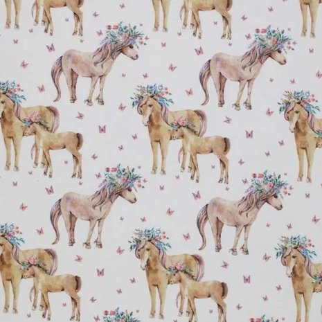 wit (off white) camel roze blauw paardjes met vlinders - digitaal tricot