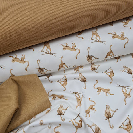 wit (off white) camel apen aapjes aan stok - digitaal tricot met soft tricot en boordstof camel @beebsstofjes