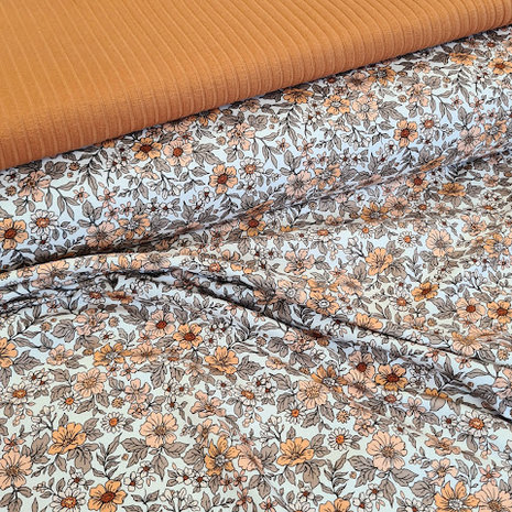 vintage bloem perzik met breder rib tricot soft perzik @kickenstoffen