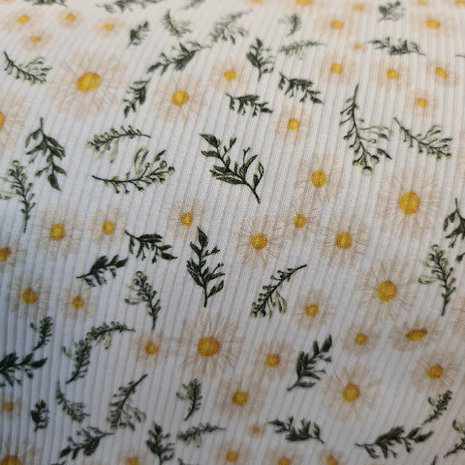 wit (off white) geel groen madeliefjes bloemen - digitaal fijne katoenen Baby rib tricot SOFT
