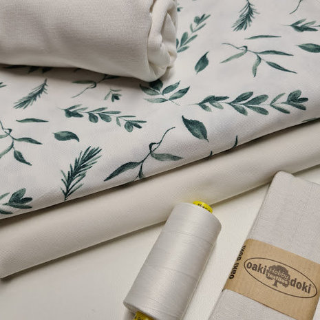 aquarel groen takjes tricot met off white boordstof met off white uni tricot - offwhite tricot biasband en garen gutermann