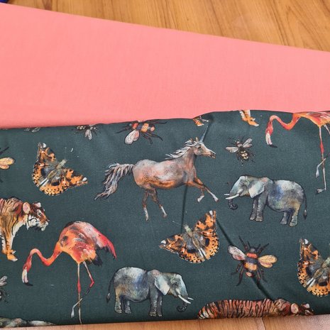 groen terracotta grijs cognac camel tijger flamingo eenhoorn olifant  en bugs digitaal met uni katoen licht terracotta