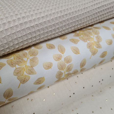 natural wafel - gouden blaadjes tricot - off white hydrofiel met studs
